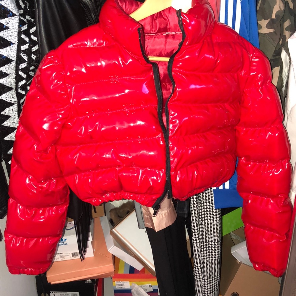 red cropped bubble coat